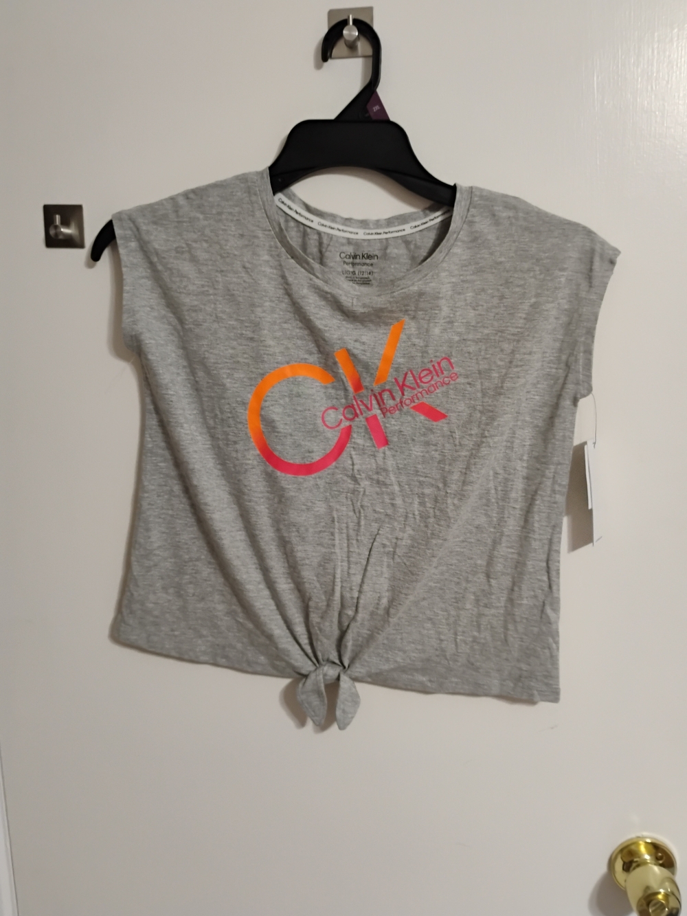 Calvin Klein Performance Gray Tee with Orange-Pink CK Logo and Front Tie